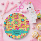 Geel patchwork Quilt Block Name Gefeliciteerd Papieren Bordje (Feest)