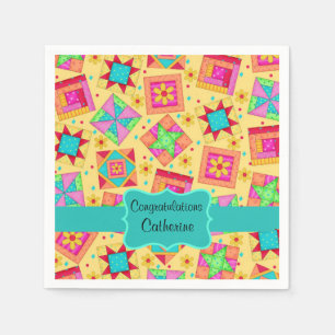 Geel patchwork Quilt Block Name Gefeliciteerd Servet