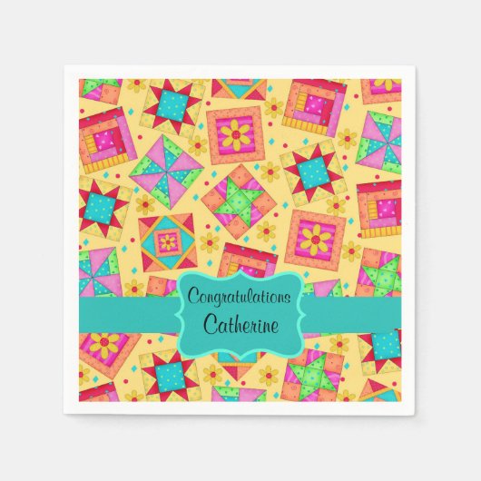 Geel patchwork Quilt Block Name Gefeliciteerd Servet (Voorkant)