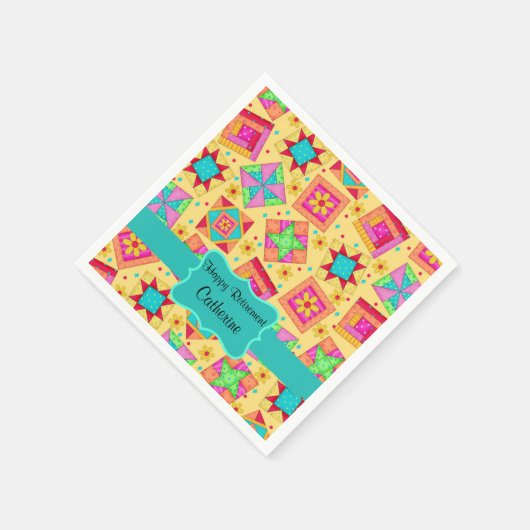 Geel patchwork Quilt Block Name Happy Retirement Servetten (Hoek)