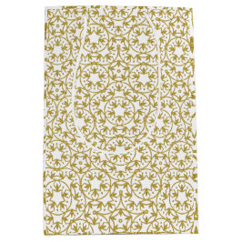 Geel patroon met gouden metallische kerststerren medium cadeauzakje