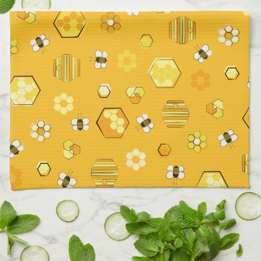 Geel patroon van de Retro Honey Bee Pattern Theedoek (Gevouwen)