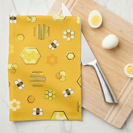 Geel patroon van de Retro Honey Bee Pattern Theedoek (Quarter Fold)