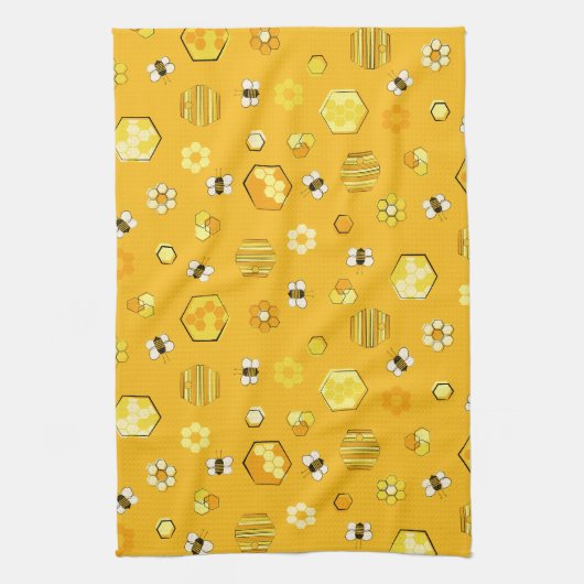 Geel patroon van de Retro Honey Bee Pattern Theedoek (Verticaal)