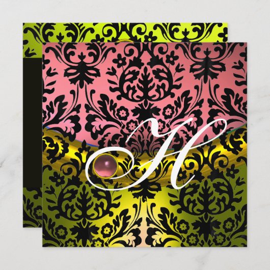 GEEL PINK BLACK DAMASK MONOGRAM Amethyst Kaart (Voorkant / Achterkant)