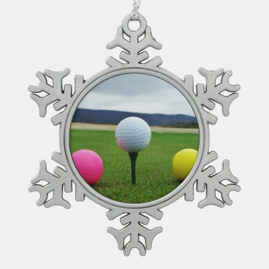 GEEL, PINK EN WITTE Golf Balls Tin Sneeuwvlok Ornament (Voorkant)