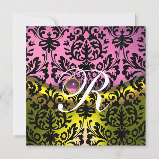 GEEL PINK LAVENDER BLACK DAMASKMONOGRAM KAART (Voorkant)