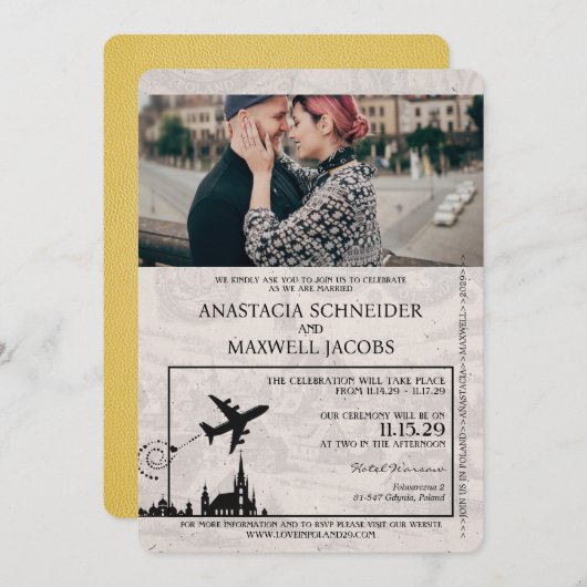 Geel Polen Paspoort Huwelijksuitnodiging Kaart (Voorkant / Achterkant)