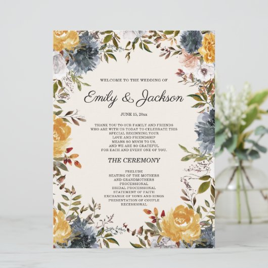 Geel programma voor het binden van een blauwe vlin programmakaart (Staand voorkant)