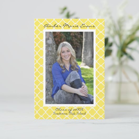 Geel Quatrefoil - 3x5 Afstuderen aankondiging (Staand voorkant)