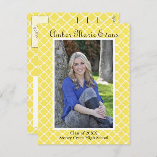 Geel Quatrefoil - Afstuderen Post Card Uitnodiging Briefkaart (Voorkant / Achterkant)