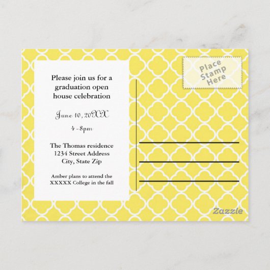 Geel Quatrefoil - Afstuderen Post Card Uitnodiging Briefkaart (Achterkant)