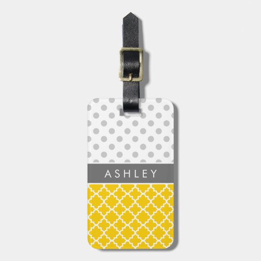 Geel Quatrefoil en grijs Polka Dot Pattern Bagagelabel (Voorkant verticaal)