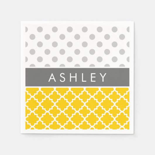 Geel Quatrefoil en grijs Polka Dot Pattern Servet (Voorkant)