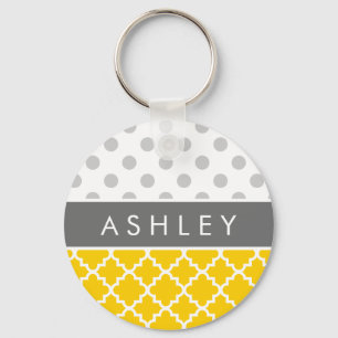 Geel Quatrefoil en grijs Polka Dot Pattern Sleutelhanger