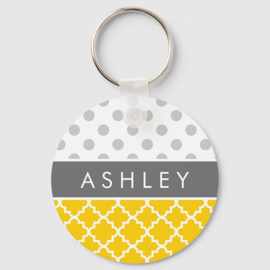 Geel Quatrefoil en grijs Polka Dot Pattern Sleutelhanger (Voorkant)