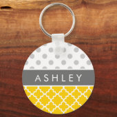 Geel Quatrefoil en grijs Polka Dot Pattern Sleutelhanger (Voorkant)