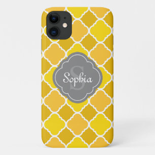 Geel Quatrefoliepatroon met grijs monogram Case-Mate iPhone Case