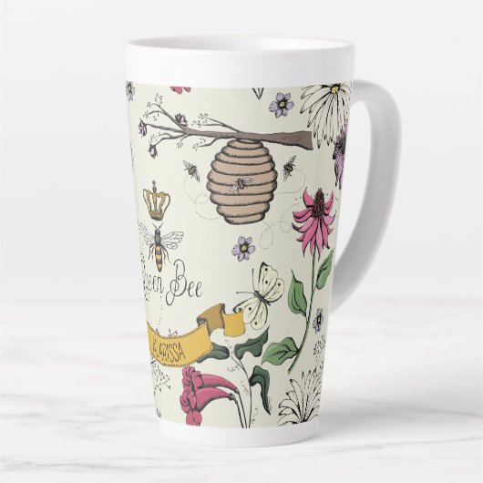 geel Queen Bee Royal Gold Crown & Scroll Latte Mok (Rechterhoek)