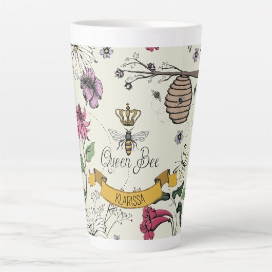 geel Queen Bee Royal Gold Crown & Scroll Latte Mok (Voorkant)