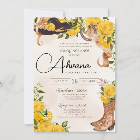 Geel Quinceanera Roos  Charro Western Kaart (Voorkant)