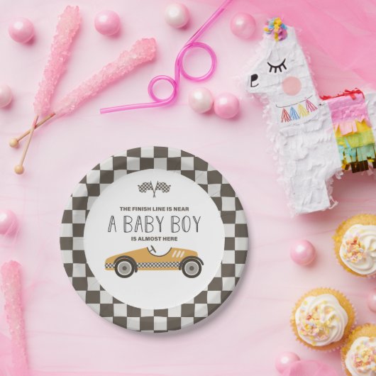  geel race auto Baby shower Papieren Bordje (Feest)