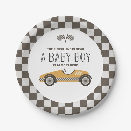  geel race auto Baby shower Papieren Bordje (Voorkant)