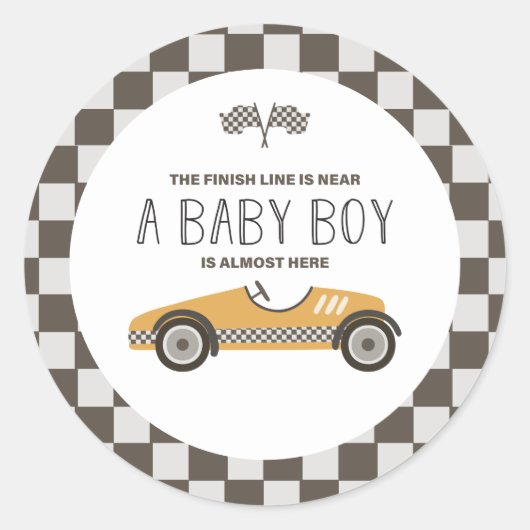  geel race auto Baby shower Ronde Sticker (Voorkant)