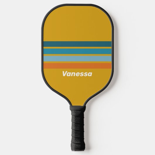 Geel Retro Dwars Strepen met Naam Pickleball Paddle (Voorkant)