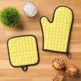 Geel Retro Plaid Patroon Ovenwant & Pannenlap Set