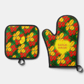 Geel Rode Bloem Patroon met Groene Achtergrond Ovenwant & Pannenlap Set (Voorkant)