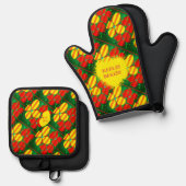 Geel Rode Bloem Patroon met Groene Achtergrond Ovenwant & Pannenlap Set (Voorkant / Achterkant)