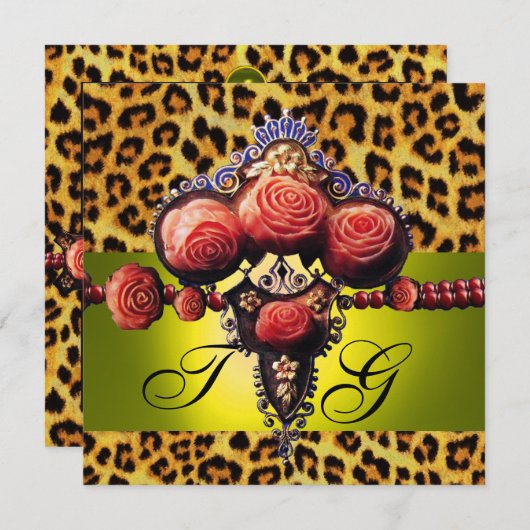 GEEL RODE ROZEN, LEOPARD HUIDMONOGRAM KAART (Voorkant / Achterkant)