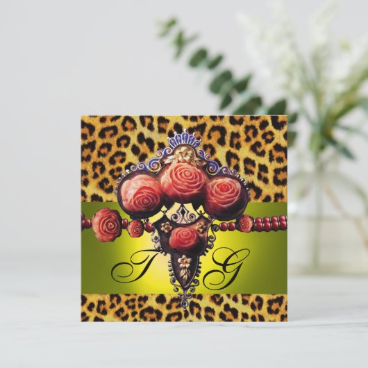 GEEL RODE ROZEN, LEOPARD HUIDMONOGRAM KAART (Staand voorkant)