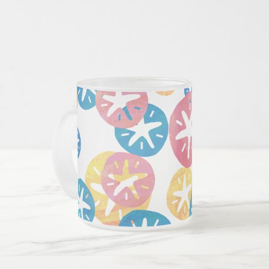 Geel rood blauw patroon met zwarte dollar matglas koffiemok (Voorkant links)