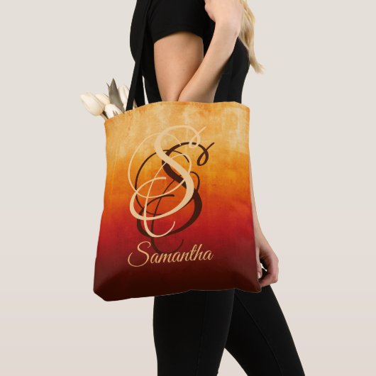 Geel rood-bruinkoolmonogram, stijlvol tote bag (Dichtbij)