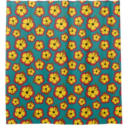 Geel Rood Hibiscus Tropische Bloemen Patroon Douchegordijn (Voorkant)