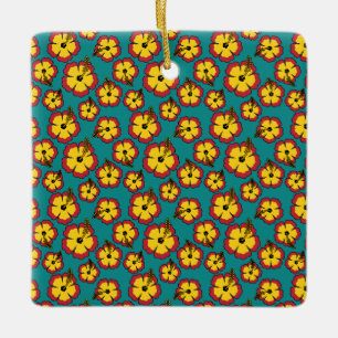 Geel Rood Hibiscus Tropische Bloemen Patroon Keramisch Ornament