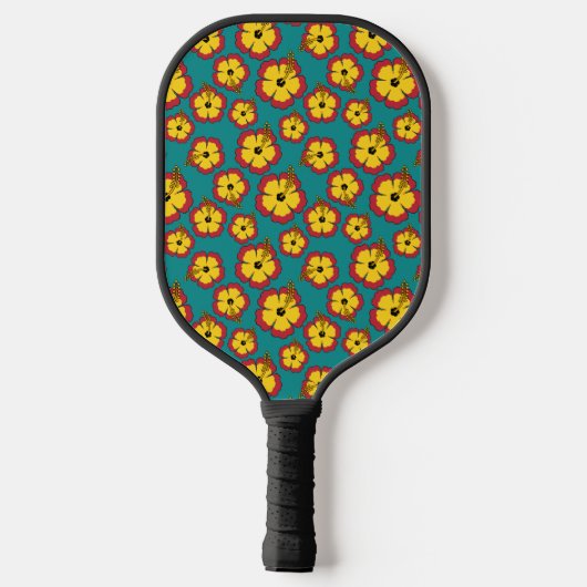Geel Rood Hibiscus Tropische Bloemen Patroon Pickleball Paddle (Achterkant)