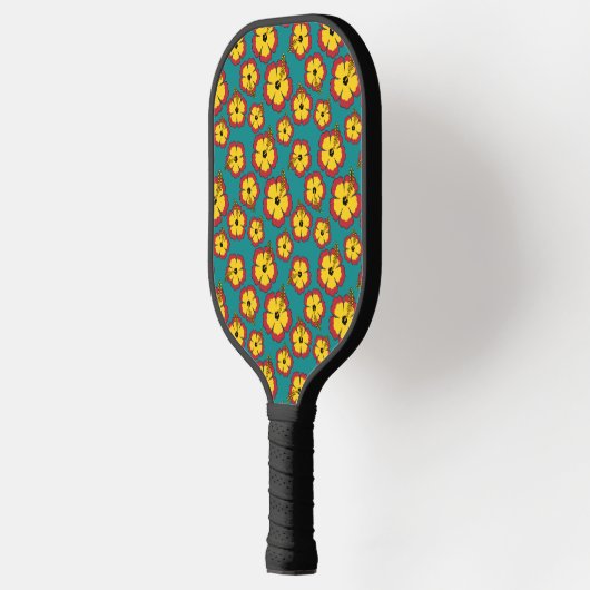 Geel Rood Hibiscus Tropische Bloemen Patroon Pickleball Paddle (Links)