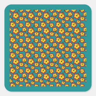 Geel Rood Hibiscus Tropische Bloemen Patroon Vierkante Sticker