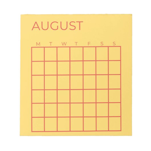 Geel Rood Ongedateerde Augustus Kalender voor Plan Notitieblok (Voorkant)