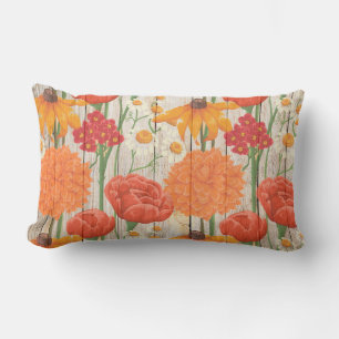 Geel Rood Oranje Wit Bloemmotief op Rustiek Hout Kussen
