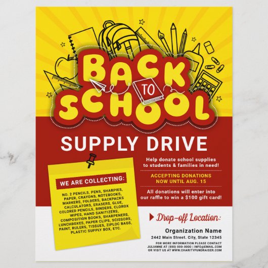 Geel & Rood Plezier Terug naar School Supply Drive Flyer (Voorkant)