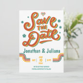 Geel Rood Retro 70s Bewaar de datum Bruiloft Uitno Kaart (Staand voorkant)