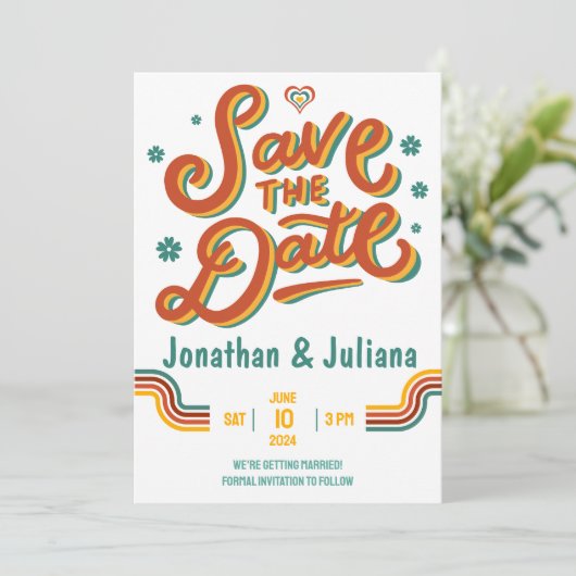 Geel Rood Retro 70s Bewaar de datum Bruiloft Uitno Kaart (Staand voorkant)