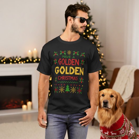 Geel Rood Retro Brei Gouden Kerstpatroon T-shirt