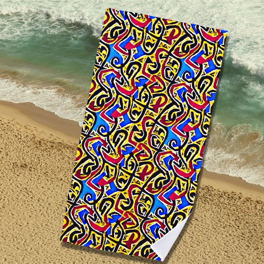 Geel Rood Zwart op Blauwe Graffiti Strandlaken