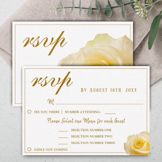 Geel Roos Bloem Bruiloft Menu Keuze RSVP Kaart
