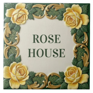 Geel Roos Bloemstuk Huis Naambord Plaquette Tegeltje